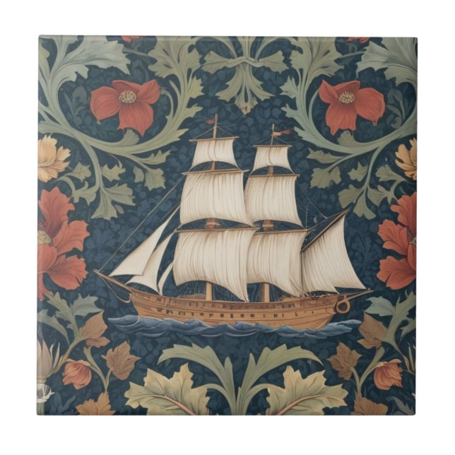 Ship William Morris style ocean sea nautical boat Tile (Front)