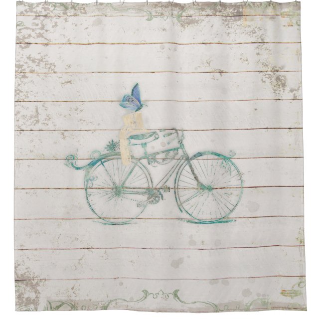 Shiplap White Wooden Wood Victorian Bicycle Art Shower Curtain (Front)