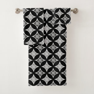 Shippo with Flower Motif, Black, White and Grey  Bath Towel Set