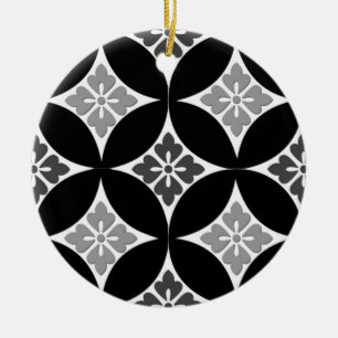 Shippo with Flower Motif, Black, White and Grey  Ceramic Tree Decoration