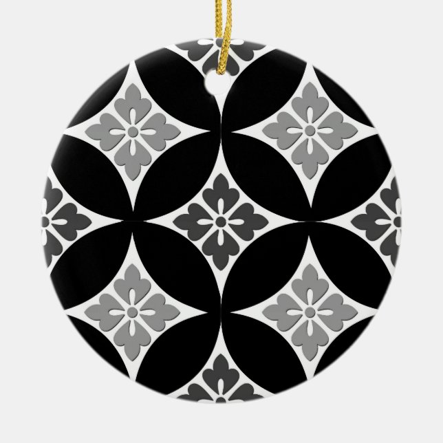 Shippo with Flower Motif, Black, White and Grey  Ceramic Tree Decoration (Front)