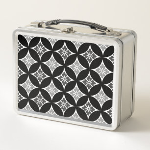 Shippo with Flower Motif, Black, White and Grey Metal Lunch Box