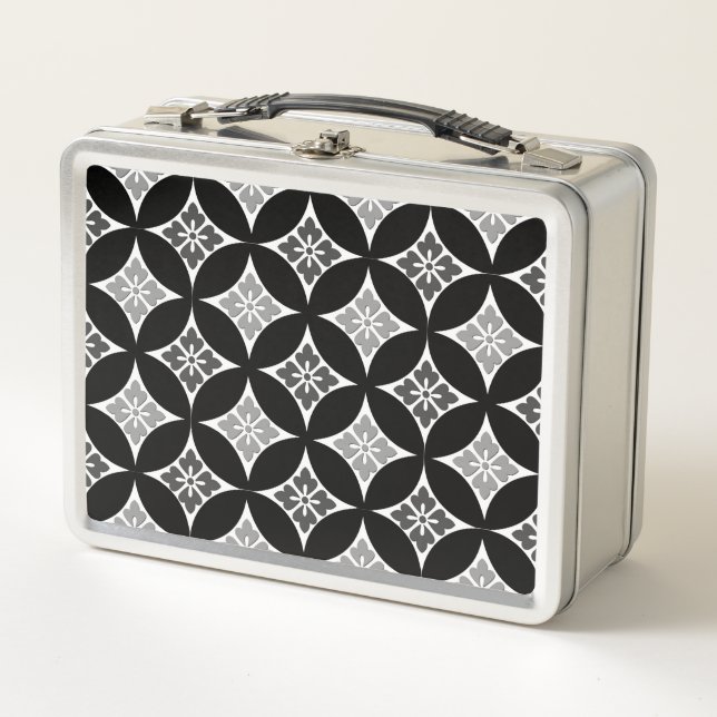 Shippo with Flower Motif, Black, White and Grey Metal Lunch Box (Front)
