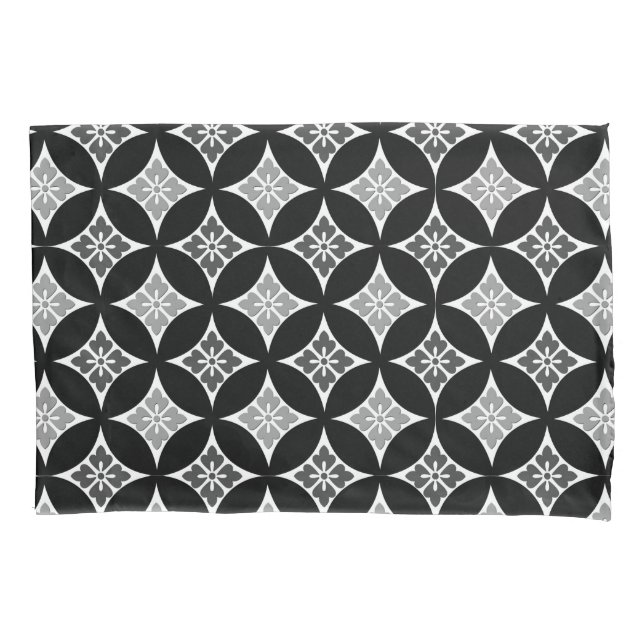 Shippo with Flower Motif, Black, White and Grey Pillowcase (Front)
