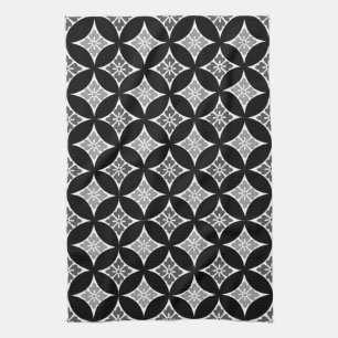 Shippo with Flower Motif, Black, White and Grey Tea Towel