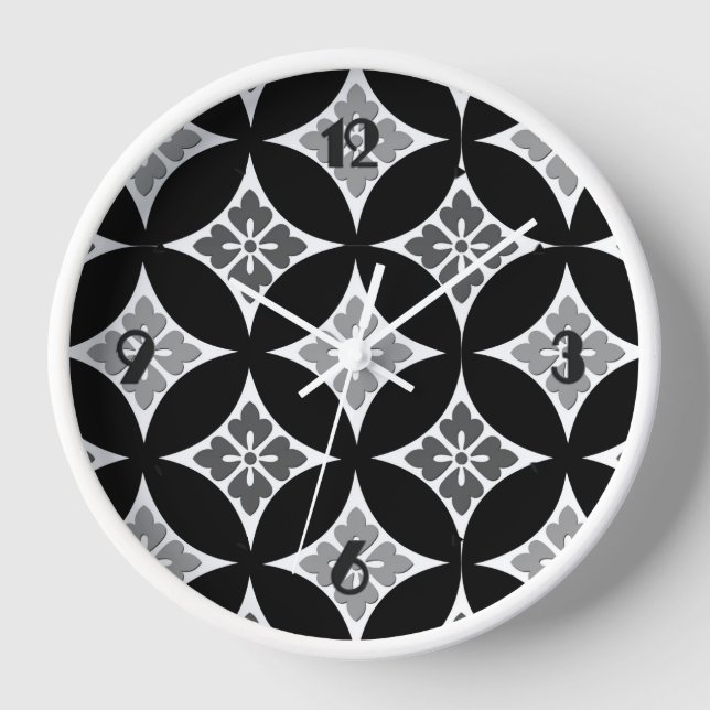 Shippo with Flower Motif, Black, White and Grey Wall Clock (Front)