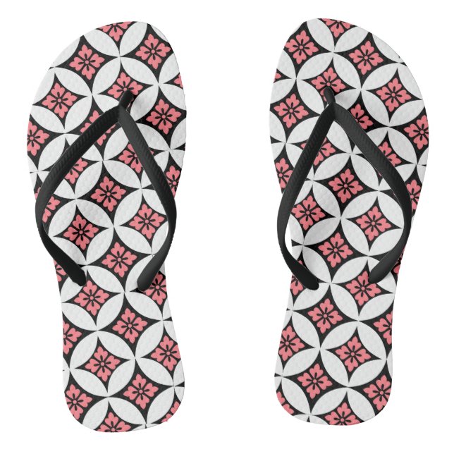 Shippo with Flower Motif, Black, White and Pink Flip Flops (Footbed)