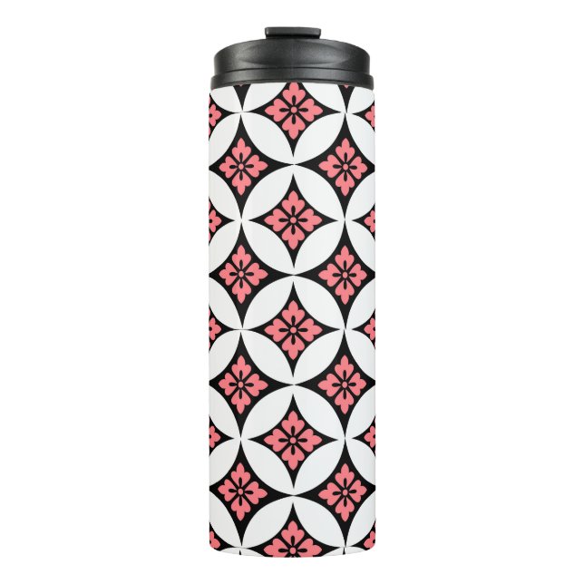 Shippo with Flower Motif, Black, White and Pink  Thermal Tumbler (Front)