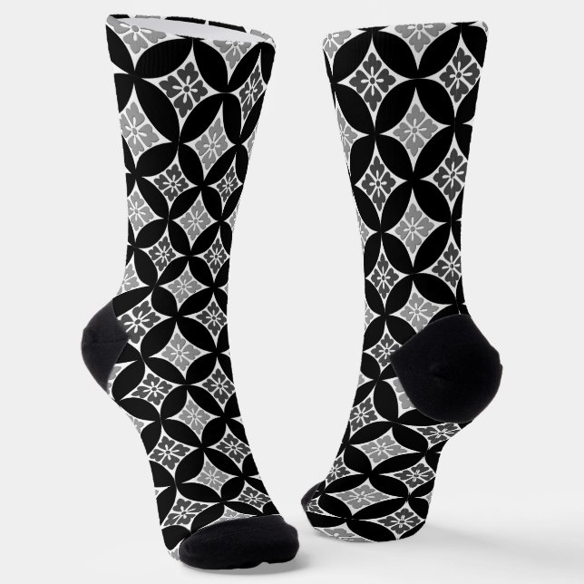 Shippo with Flower Motif, Black White & Grey Socks (Angled)