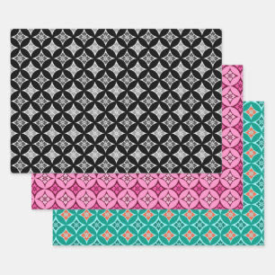 Shippo with Flower Motif, Black, Wine,Turquoise Wrapping Paper Sheet