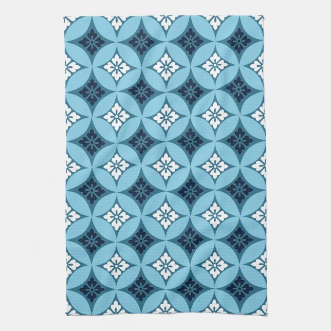 Shippo with Flower Motif, Blue and White Tea Towel (Vertical)