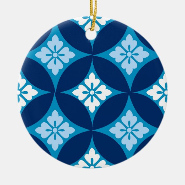 Shippo with Flower Motif, Indigo Blue and White   Ceramic Tree Decoration (Front)