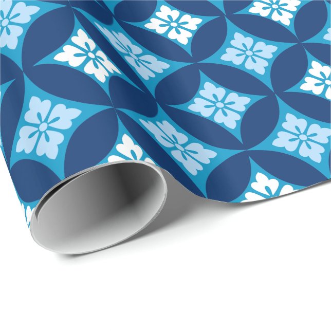 Shippo with Flower Motif, Indigo Blue and White Wrapping Paper (Roll Corner)