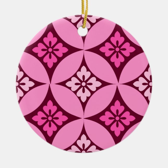 Shippo with Flower Motif, Pink and Burgundy  Ceramic Tree Decoration (Front)