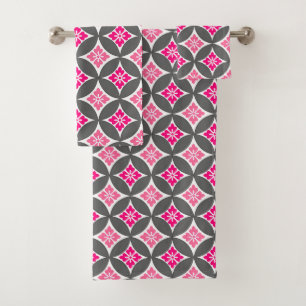 Shippo with Flower Motif, Pink and Silver Grey Bath Towel Set