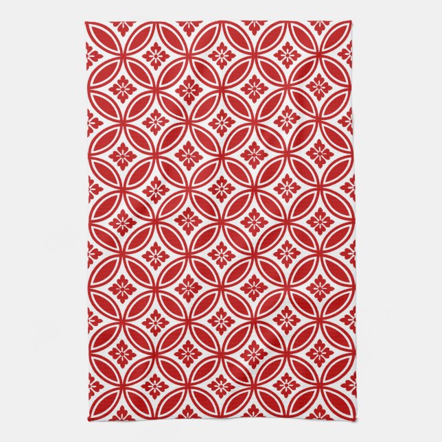 Shippo with Flower Motif, Red and White Tea Towel (Vertical)