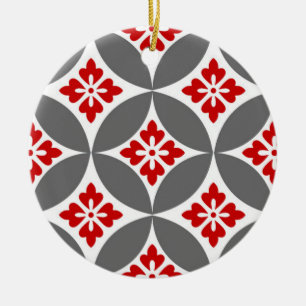 Shippo with Flower Motif, Red, White and Grey  Ceramic Tree Decoration