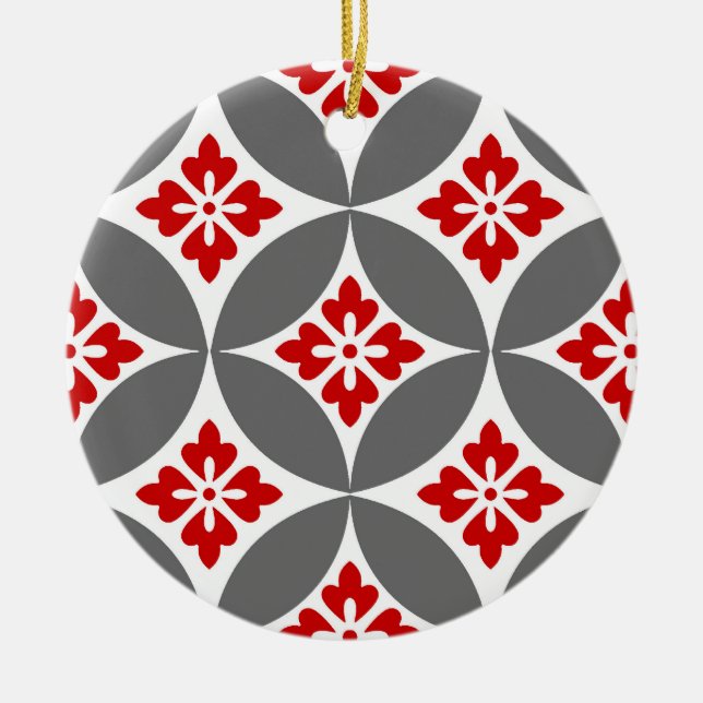 Shippo with Flower Motif, Red, White and Grey  Ceramic Tree Decoration (Front)