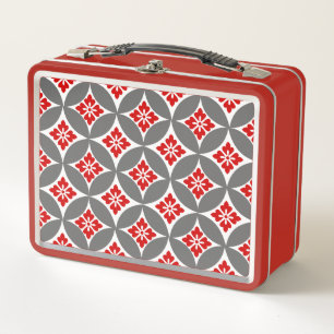 Shippo with Flower Motif, Red, White and Grey Metal Lunch Box
