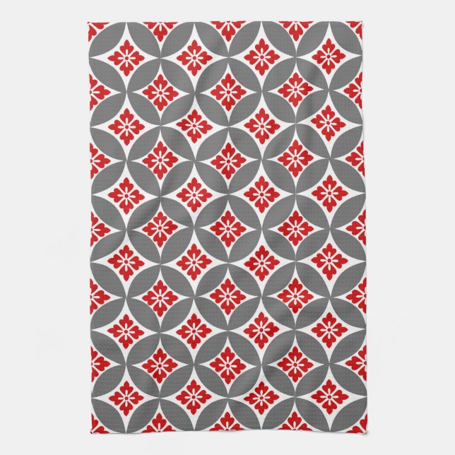 Shippo with Flower Motif, Red, White and Grey Tea Towel (Vertical)