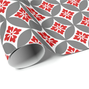 Shippo with Flower Motif, Red, White and Grey Wrapping Paper