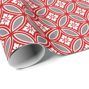 Shippo with Flower Motif, Red, White and Grey Wrapping Paper