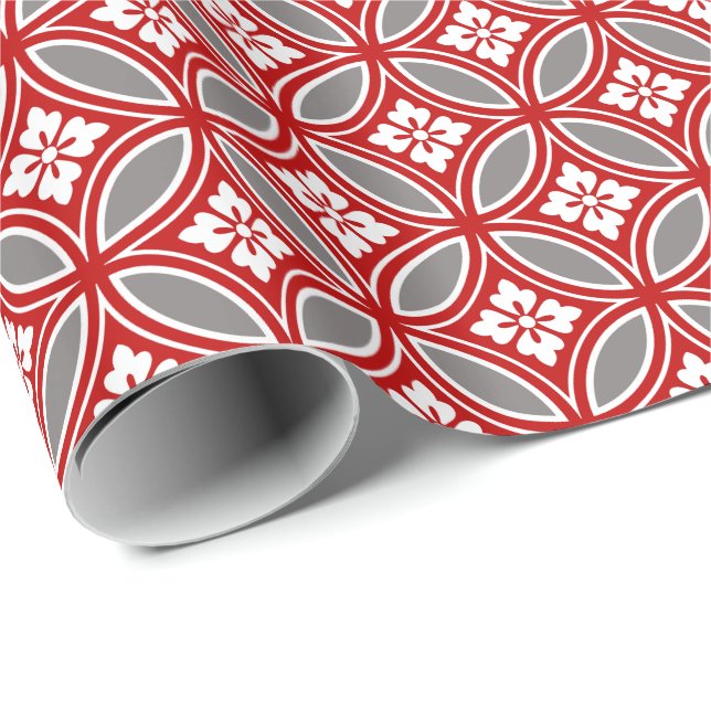 Shippo with Flower Motif, Red, White and Grey Wrapping Paper (Roll Corner)