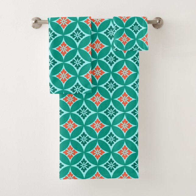 Shippo with Flower Motif, Turquoise and Coral  Bath Towel Set (Insitu)