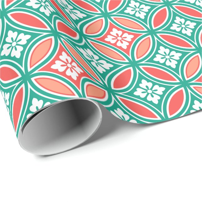 Shippo with Flower Motif, Turquoise and Coral Wrapping Paper (Roll Corner)