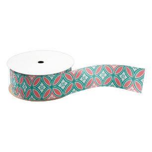 Shippo with Flower Motif, Turquoise & Coral Orange Grosgrain Ribbon