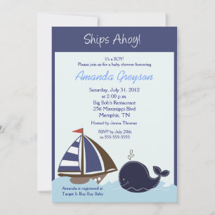 Ships Ahoy Blue Whale 5x7 Baby Shower Invitation