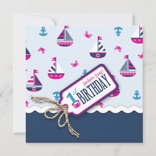 Ships Ahoy! Girl Birthday Invite Square 1 (Front)