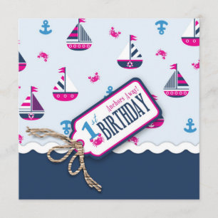 Ships Ahoy! Girl Birthday Invite Square 1