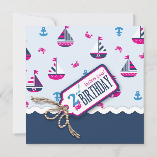 Ships Ahoy! Girl Birthday Invite Square 2 (Front)