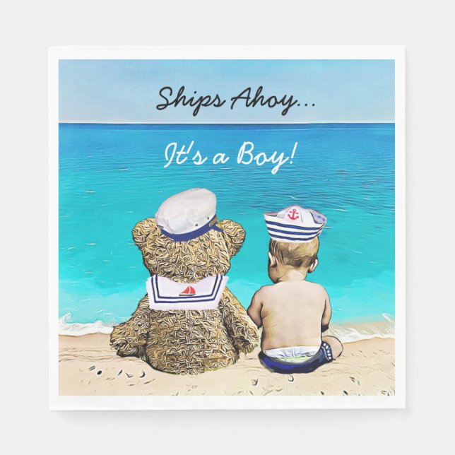 Ships Ahoy, Its a Boy, Nautical Baby Shower Napkin (Front)