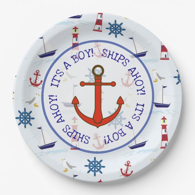Ships Ahoy Its a boy, Nautical Oceanic Baby Shower Paper Plate (Front)