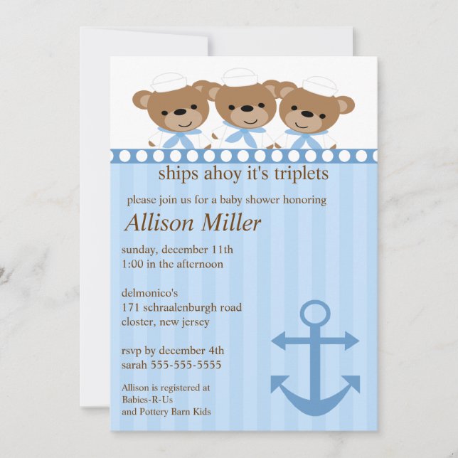 Ships Ahoy It's TRIPLET'S Baby Shower Invitation (Front)