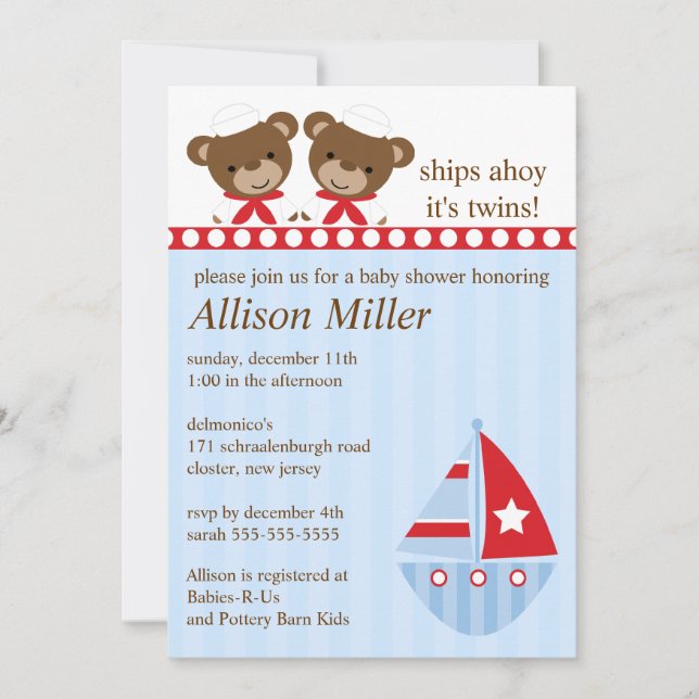 Ships Ahoy It's TWIN'S Baby Shower Invitation (Front)
