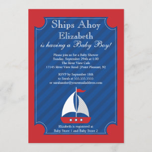 Ships Ahoy Nautical Sailboat Boy Baby Shower Invitation
