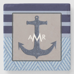 Ship's Anchor & Navy Blue Stripes, Nautical Stone Coaster