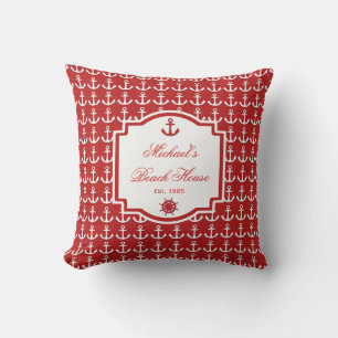 Ships Anchor Red Nautical Monogram Outdoor Pillow