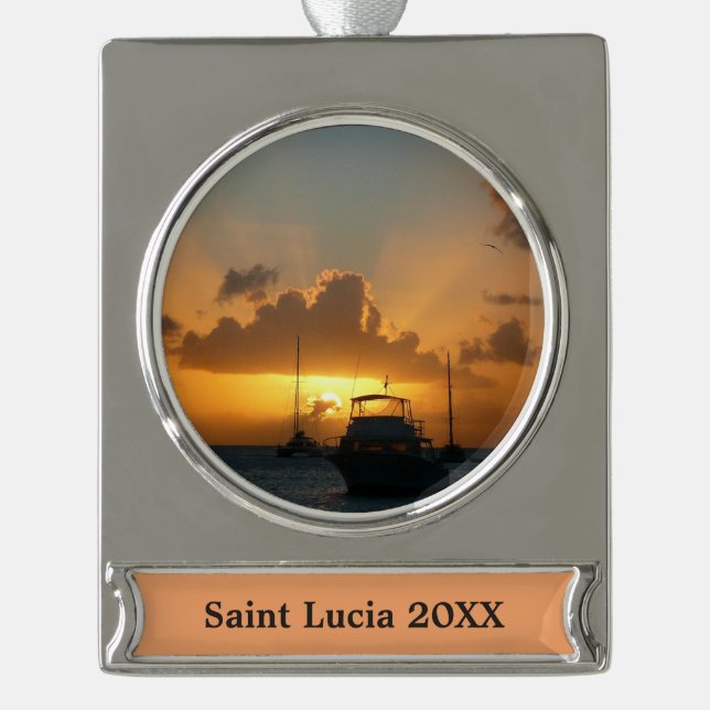 Ships and Sunset Tropical Seascape Silver Plated Banner Ornament (Front)