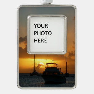 Ships and Sunset Tropical Seascape Silver Plated Framed Ornament