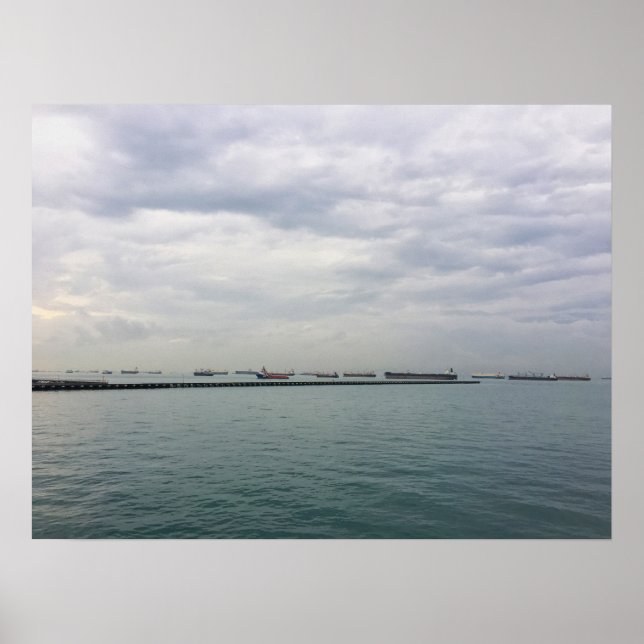 Ships at Anchor in Singapore Strait Under Moody Sk Poster (Front)