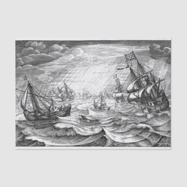 Ships at Sea Drawing 20x30  Decoupage Tissue Paper (Front)
