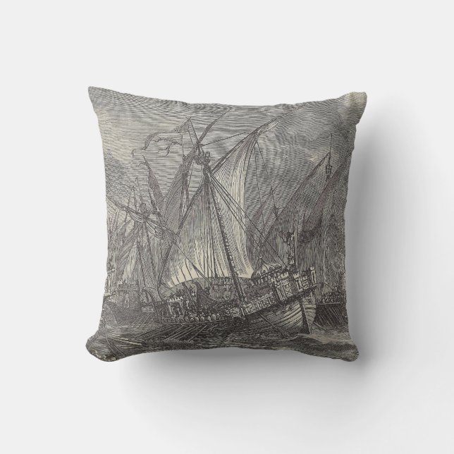Ships At Sea | Ocean Battle | Antique Print Cushion (Front)