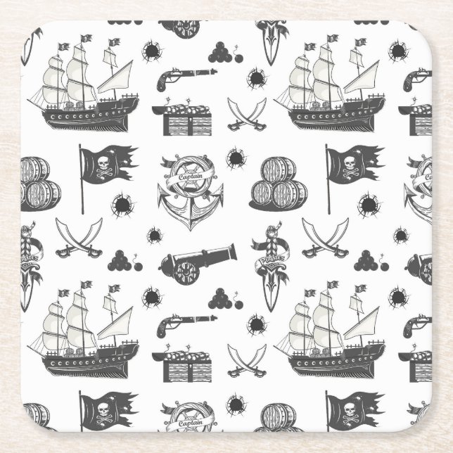Ships, Cannons, Swords, & Wine Pirate Theme Square Paper Coaster (Front)