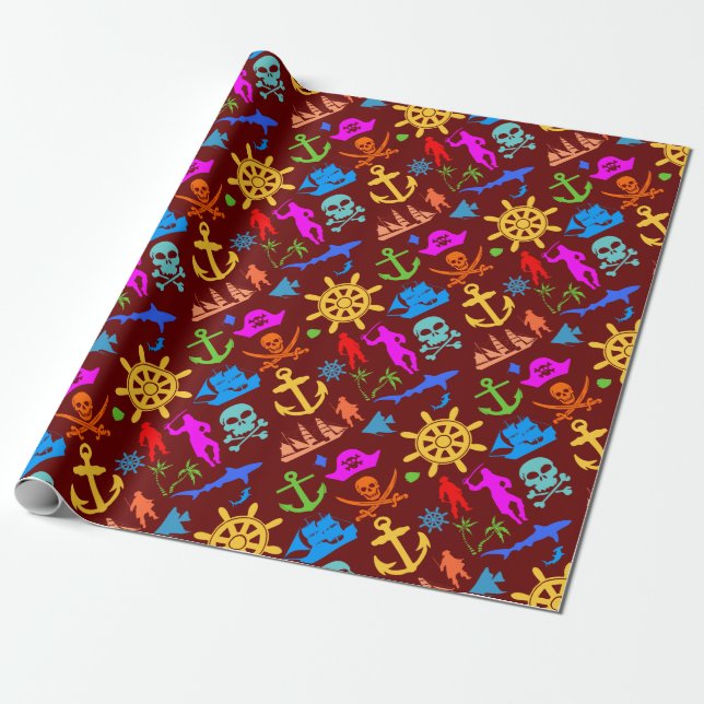 Ships, Fishes, Pirates. Colourful Nautical Pattern Wrapping Paper (Unrolled)