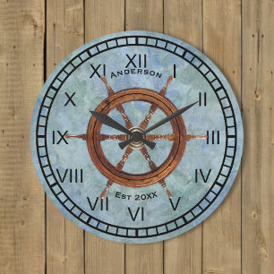 Ship's Helm Nautical Wall Clock Blue