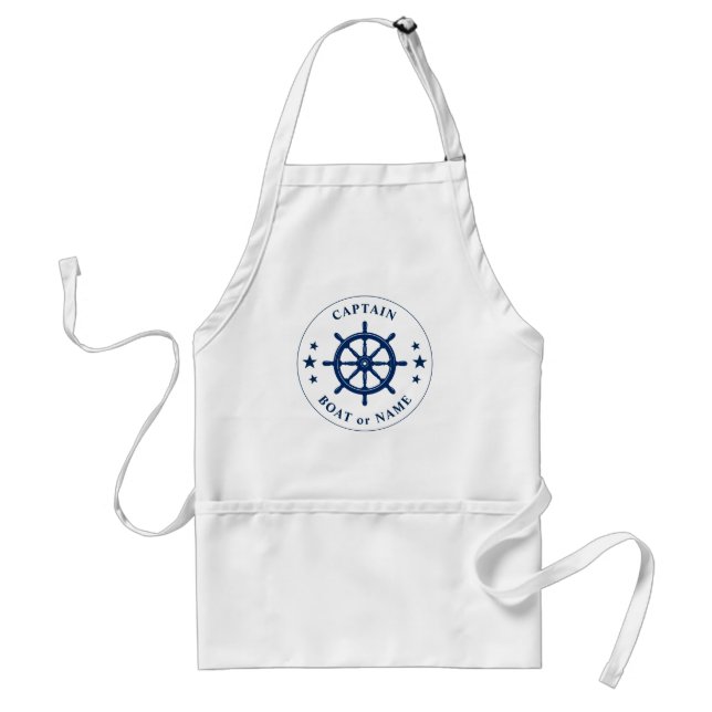Ships Helm Wheel & Stars Captain or Boat Name Blue Standard Apron (Front)